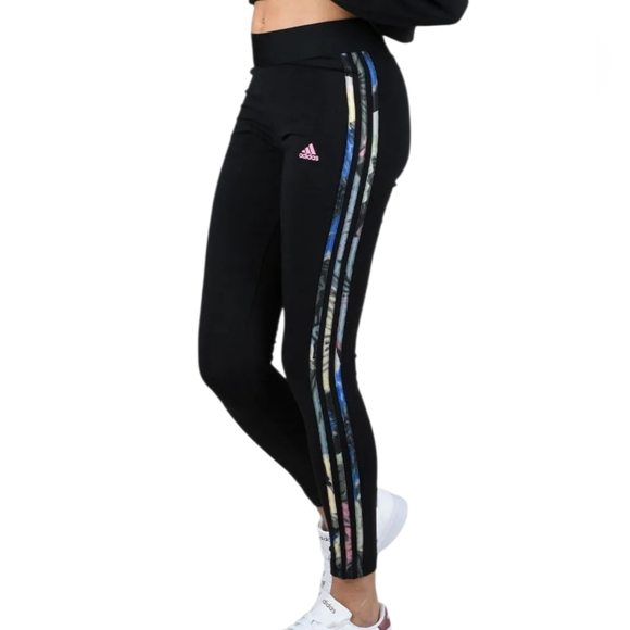 ADIDAS Black And Pink Logo Leggings with Multi Print Stripes Size XLarge - Picture 16 of 16